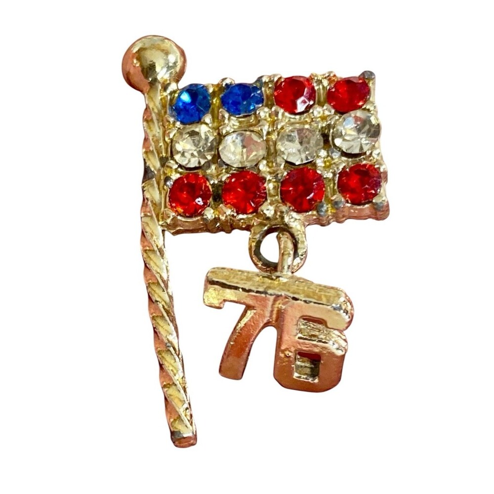 Vintage American Flag Pin Brooch Patriotic Red White Blue Rhinestones w 76 Charm